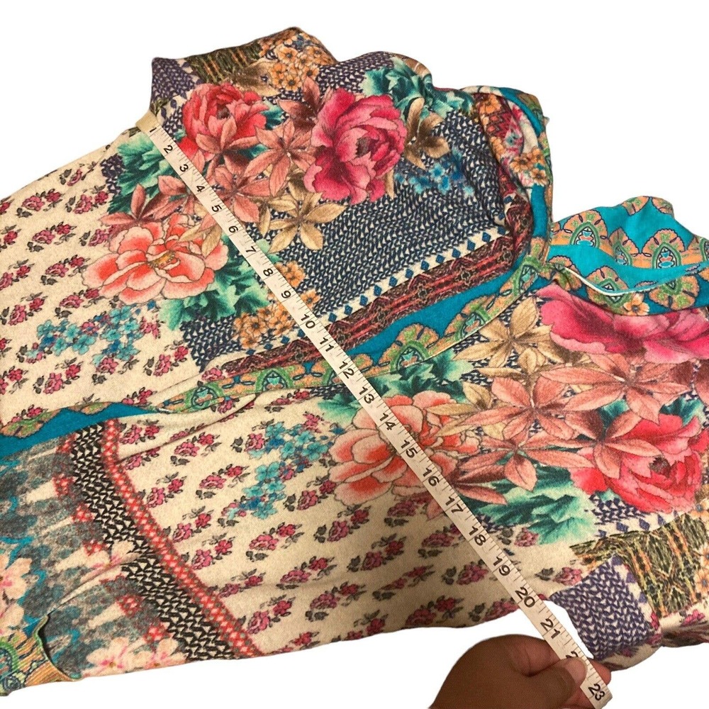 Johnny Was Multicolor Floral Patchwork Hooded Cardigan - Turquoise, Pink, Yellow - Picture 13 of 14